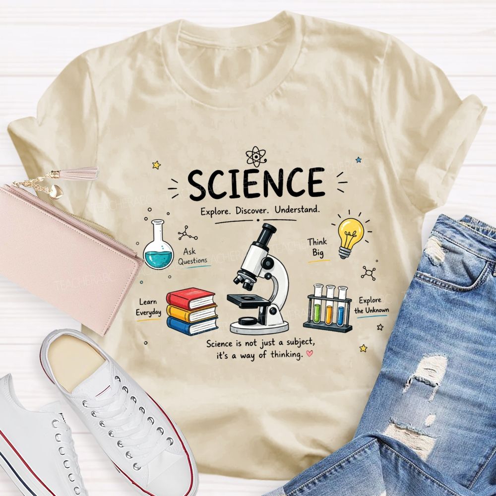 Science Explore Discover Understand Microscope Book Beaker Light Bulb Teacher T-shirt