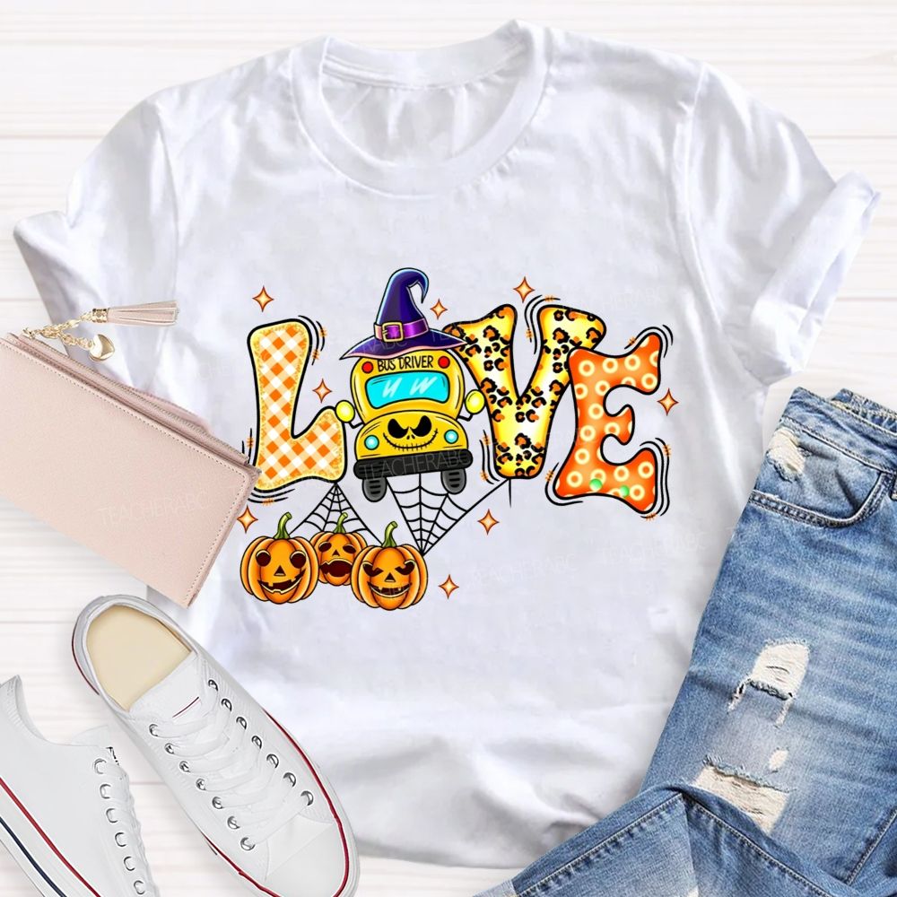 Halloween Love School Bus Driver Pumpkin T-shirt