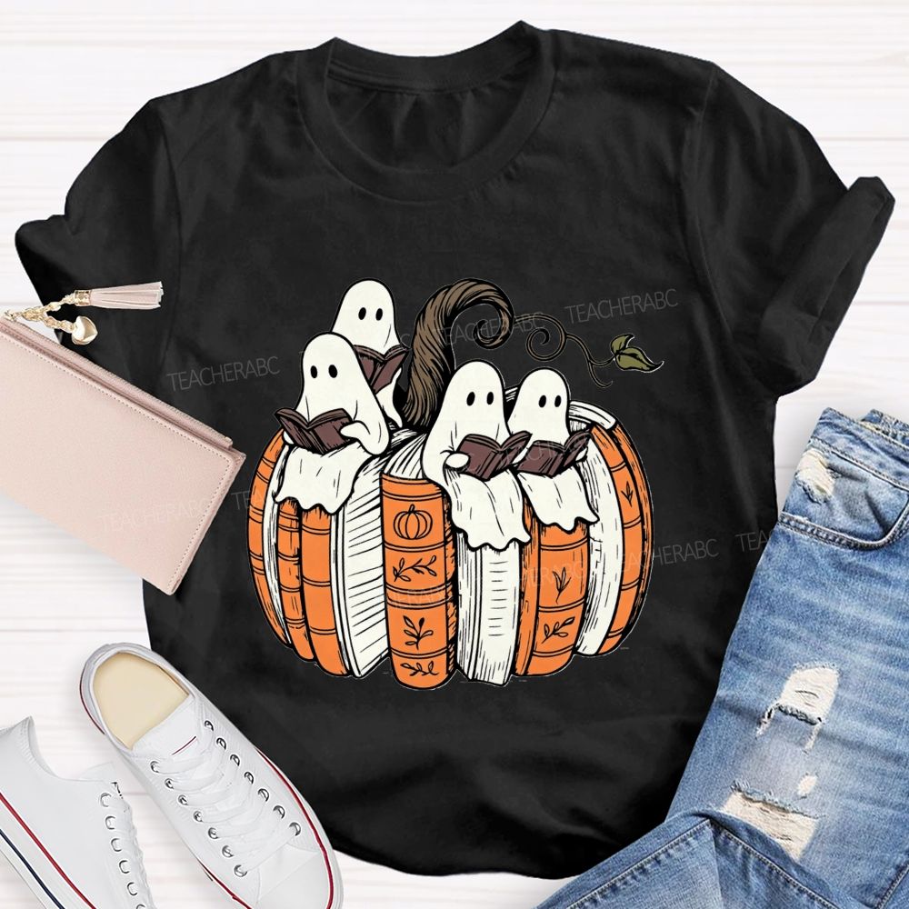 Ghosts Reading Book Pumpkin Halloween Teacher T-shirt