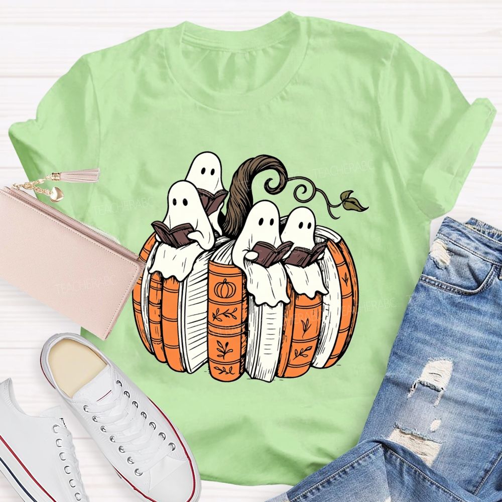 Ghosts Reading Book Pumpkin Halloween Teacher T-shirt