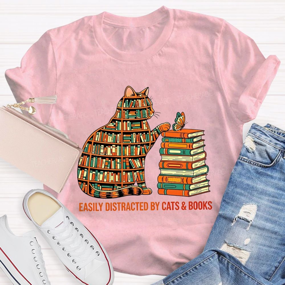 Easily Distracted By Cats And Books Teacher T-shirt