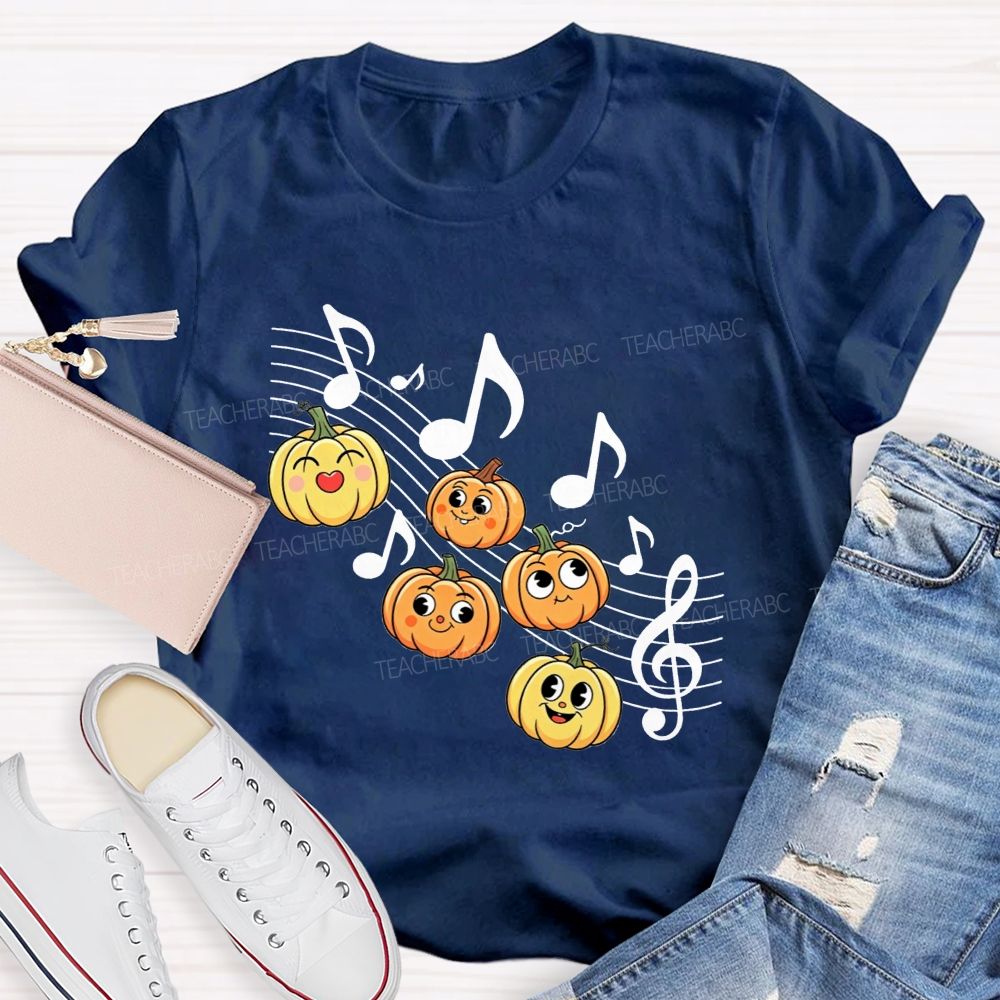 Halloween Vibes With Singing Pumpkins And Music Notes Teacher T-shirt
