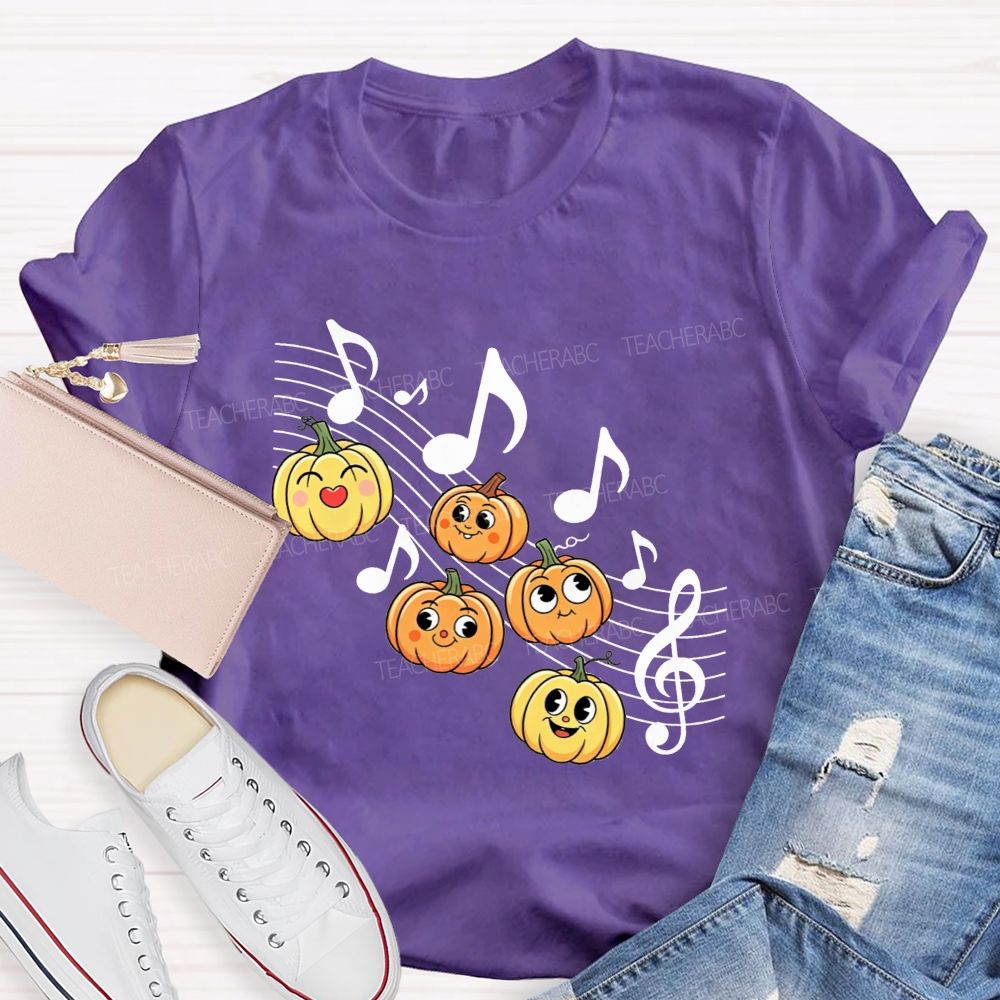 Halloween Vibes With Singing Pumpkins And Music Notes Teacher T-shirt