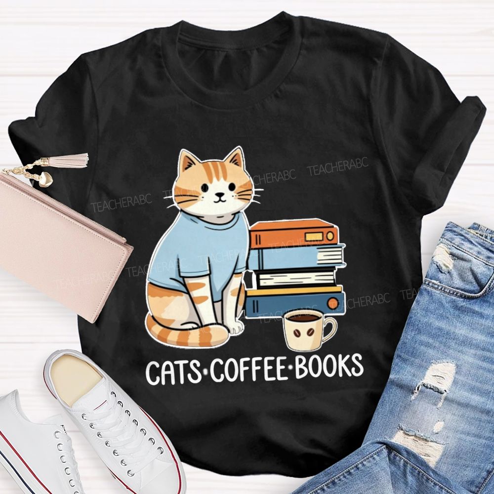 Cats Coffee Books Reading Lover Teacher T-Shirt