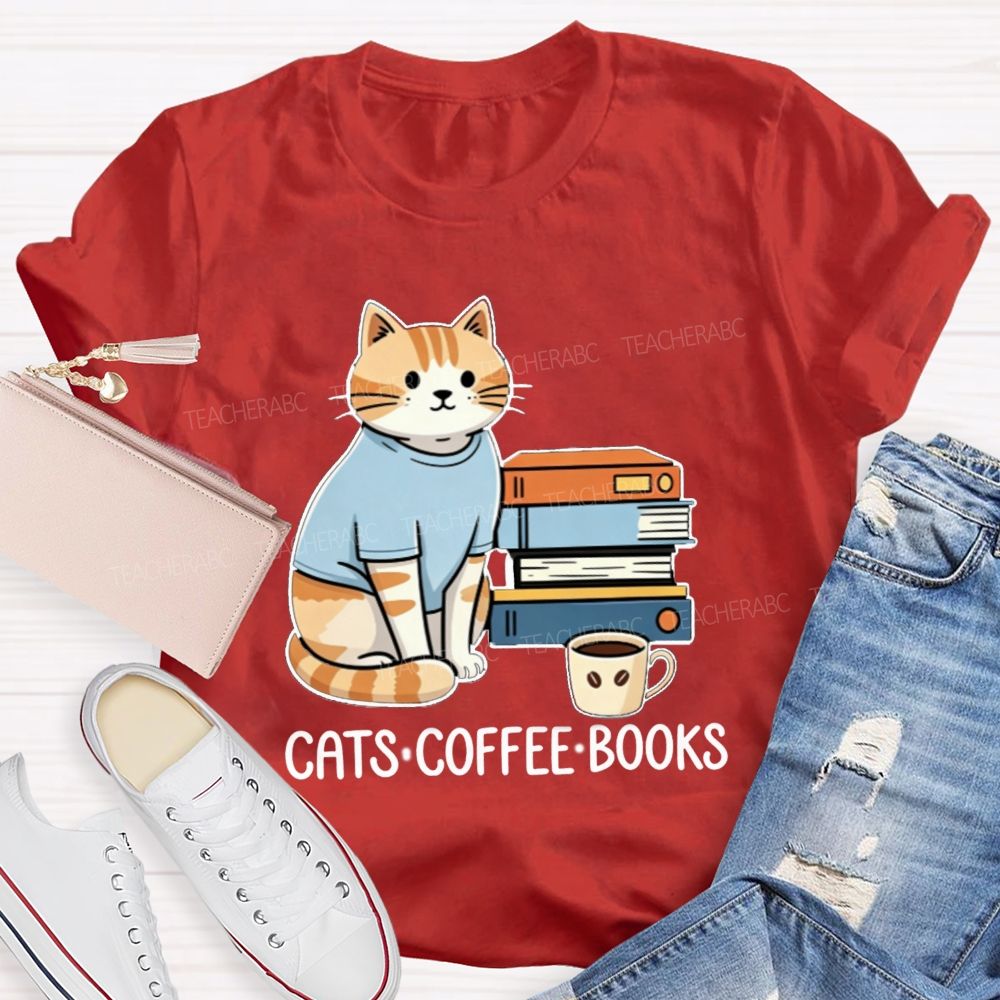 Cats Coffee Books Reading Lover Teacher T-Shirt