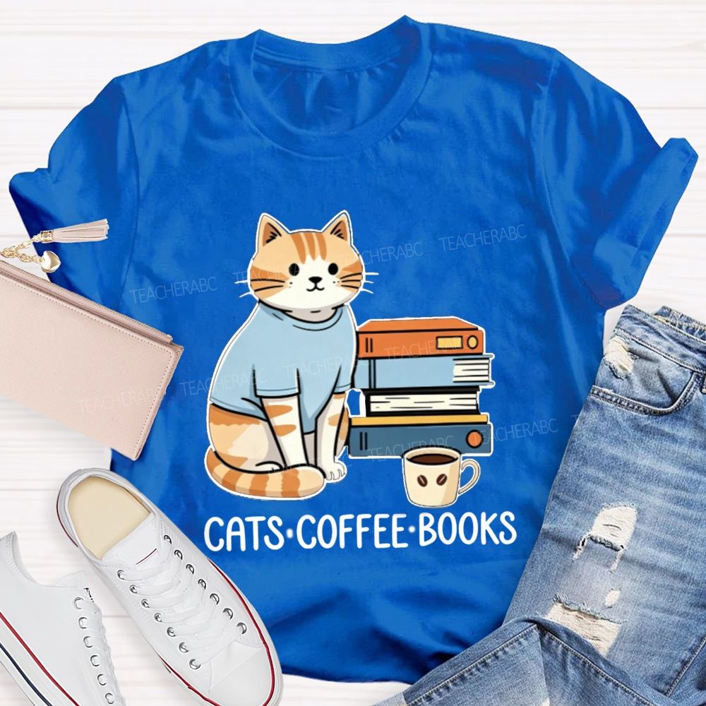 Cats Coffee Books Reading Lover Teacher T-Shirt