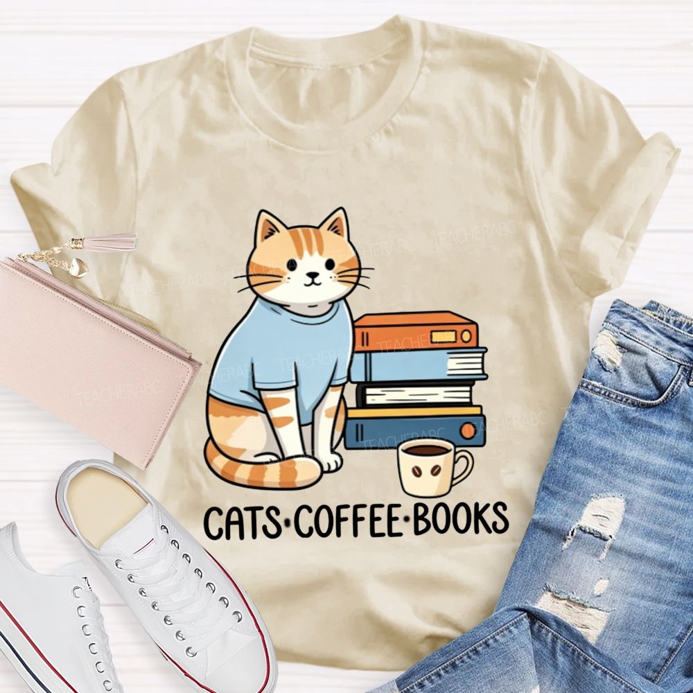 Cats Coffee Books Reading Lover Teacher T-Shirt