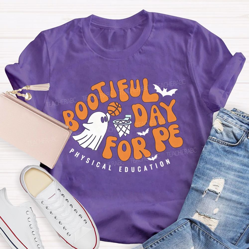 Bootiful Day For Pe Ghost Playing Basketball Halloween Pe Teacher T-shirt