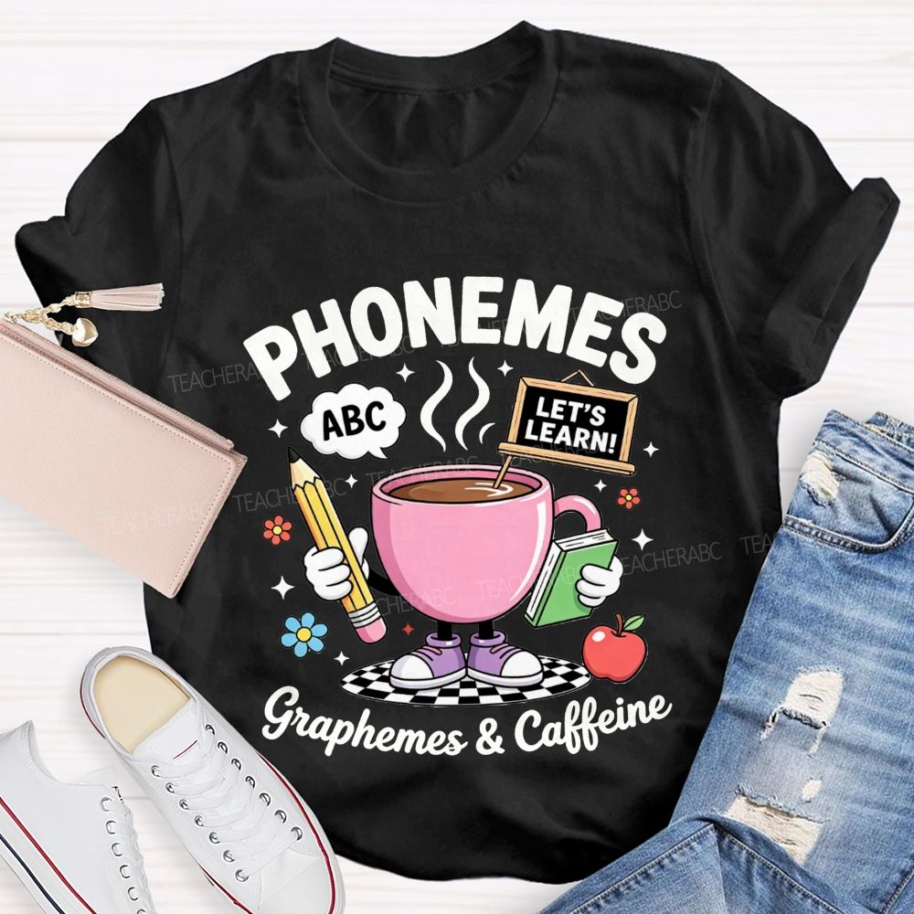Phonemes Graphemes And Caffeine Phonics Teacher T-shirt