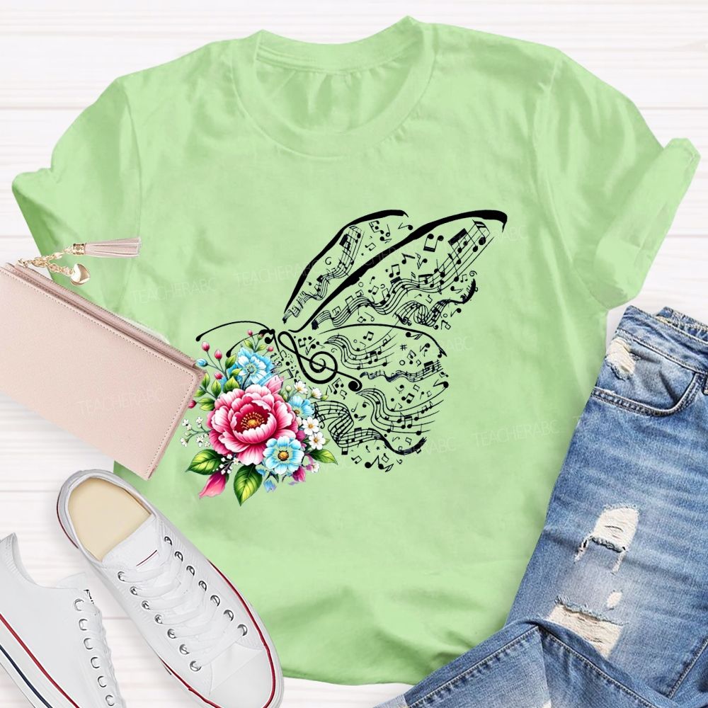 Where Melody Meets Blooms And Floral Music Butterfly Vibes Teacher T-shirt