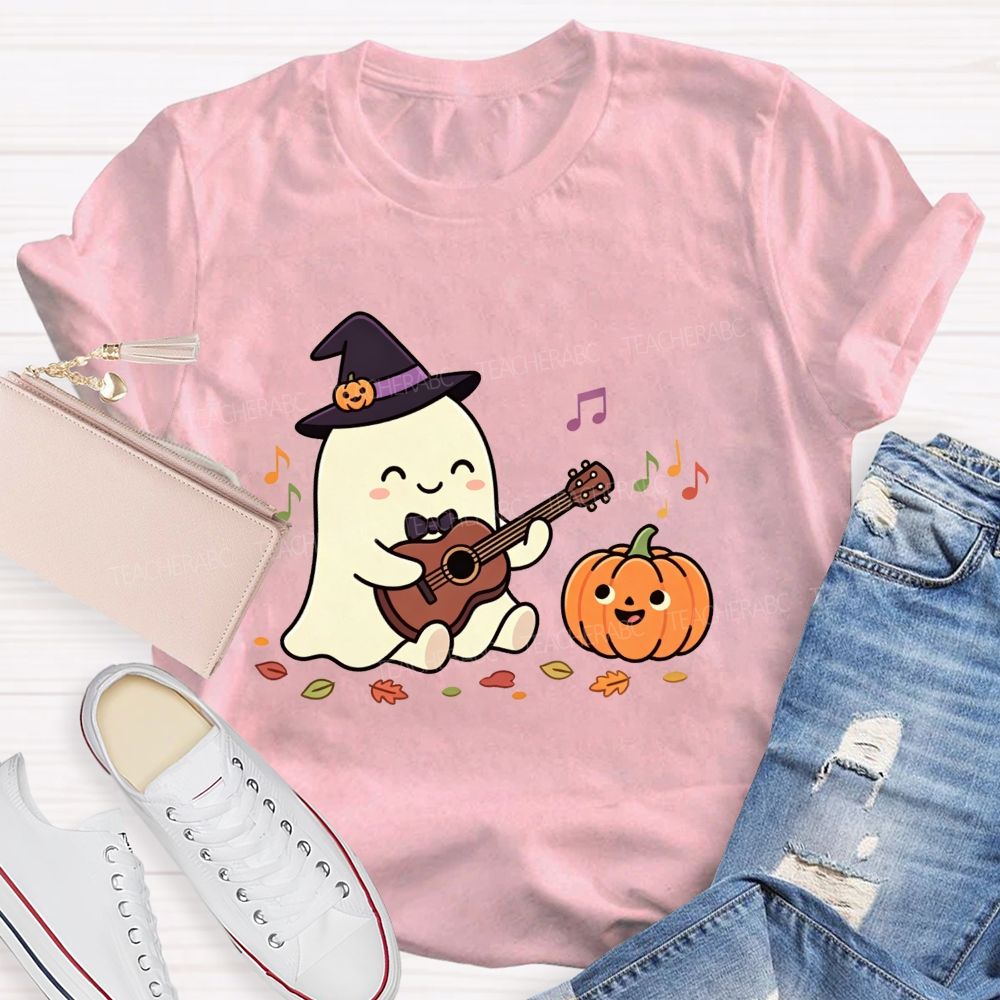Halloween Ghost Playing Acoustic Guitar Pumpkin Music Teacher T-shirt