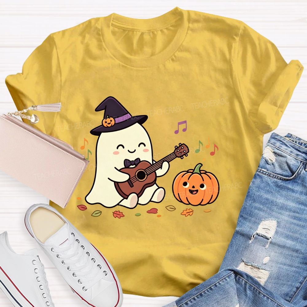 Halloween Ghost Playing Acoustic Guitar Pumpkin Music Teacher T-shirt