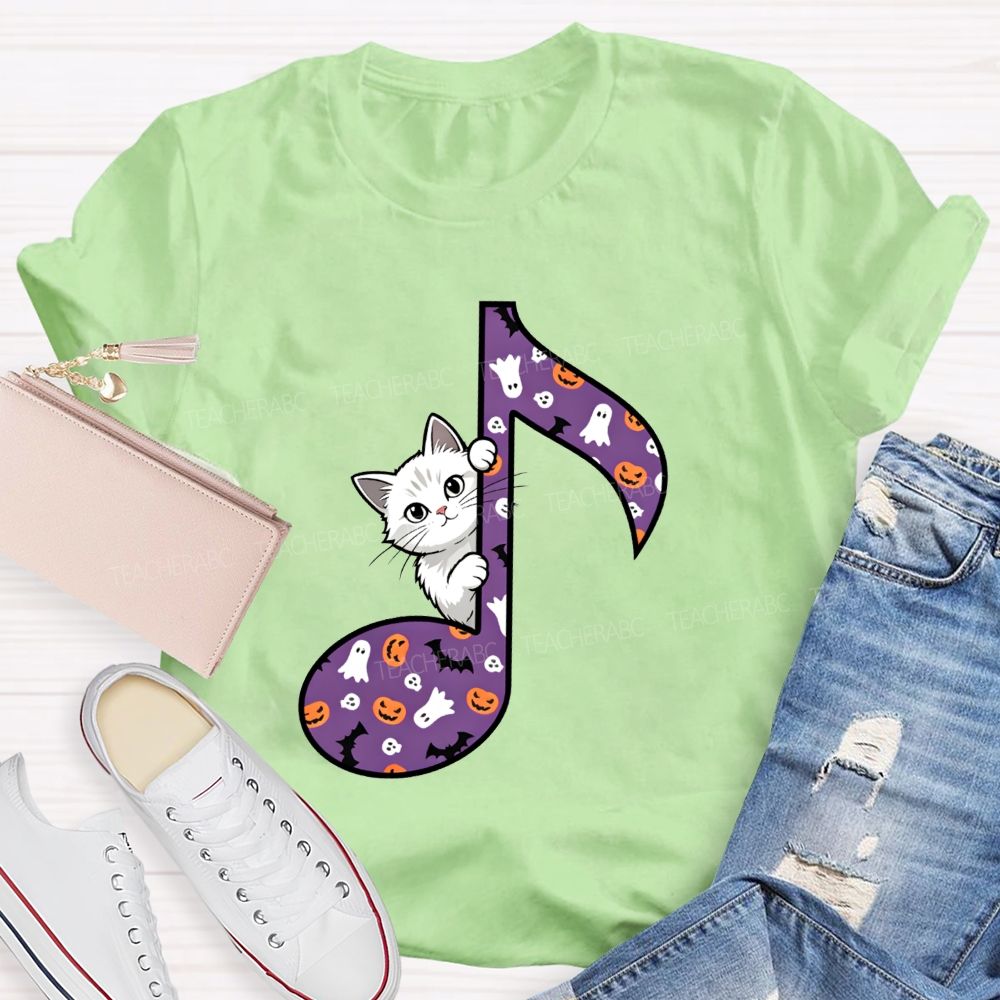 Music Teacher Halloween Cat Purple Music Note Teacher T-shirt