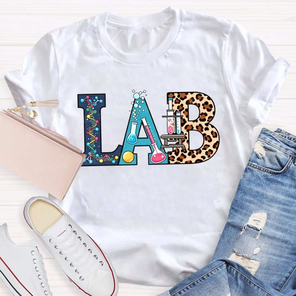 Colorful Lab Letter Leopard Print Lab Science Teacher T-shirt