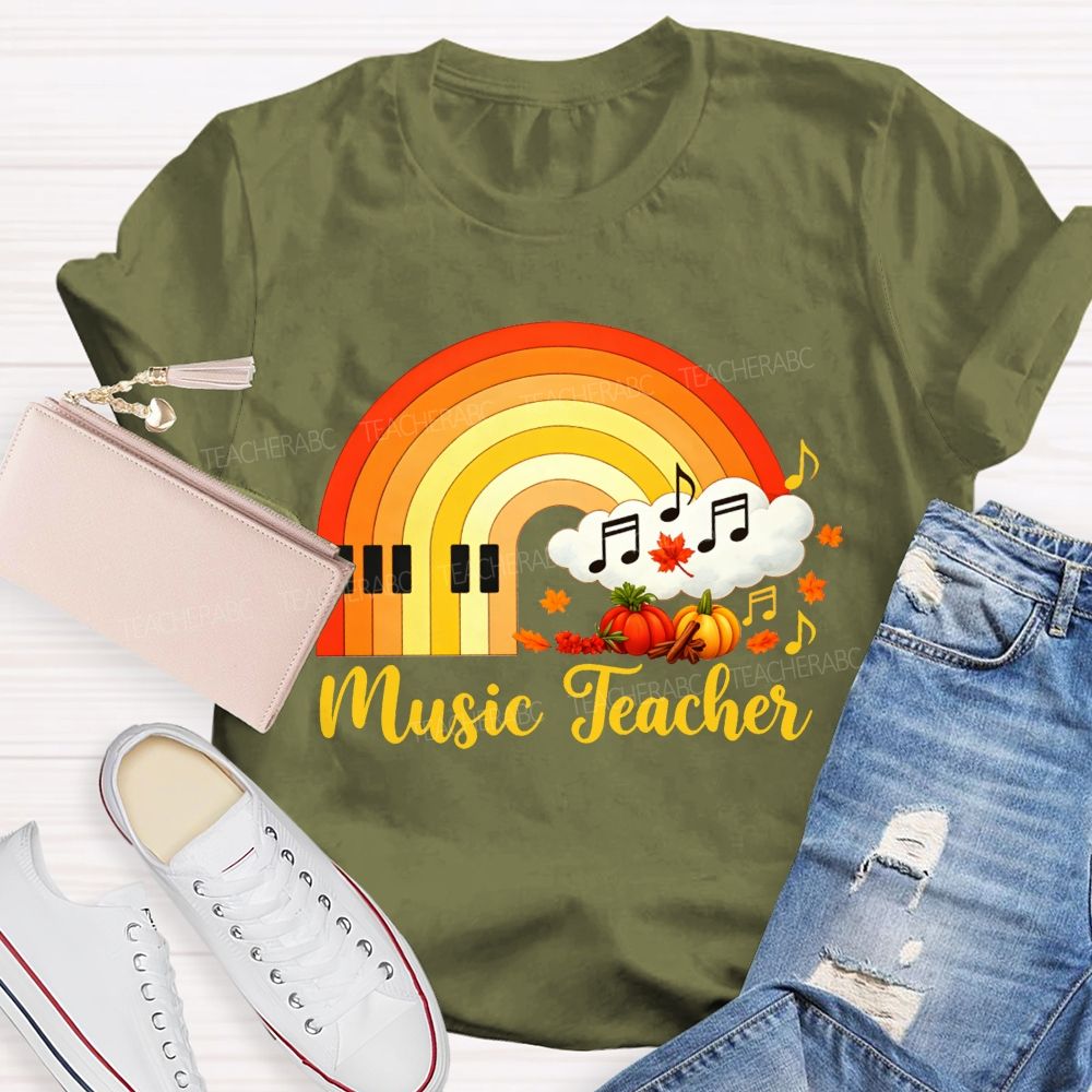 Fall Music Teacher Piano Rainbow Pumpkin Maple Leaf Autumn T-shirt