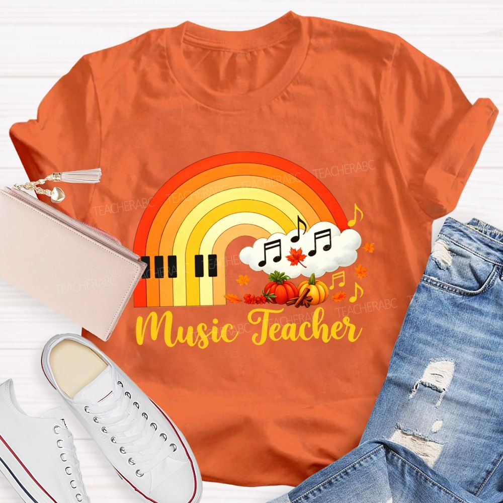 Fall Music Teacher Piano Rainbow Pumpkin Maple Leaf Autumn T-shirt