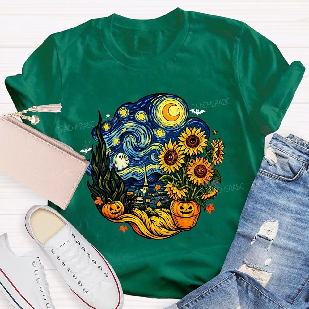 Halloween Starry Night Art Ghost Black Cat Pumpkin Sunflower Art Teacher T-shirt