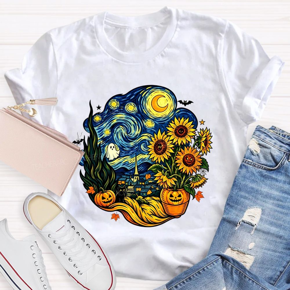 Halloween Starry Night Art Ghost Black Cat Pumpkin Sunflower Art Teacher T-shirt