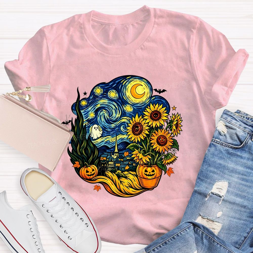 Halloween Starry Night Art Ghost Black Cat Pumpkin Sunflower Art Teacher T-shirt