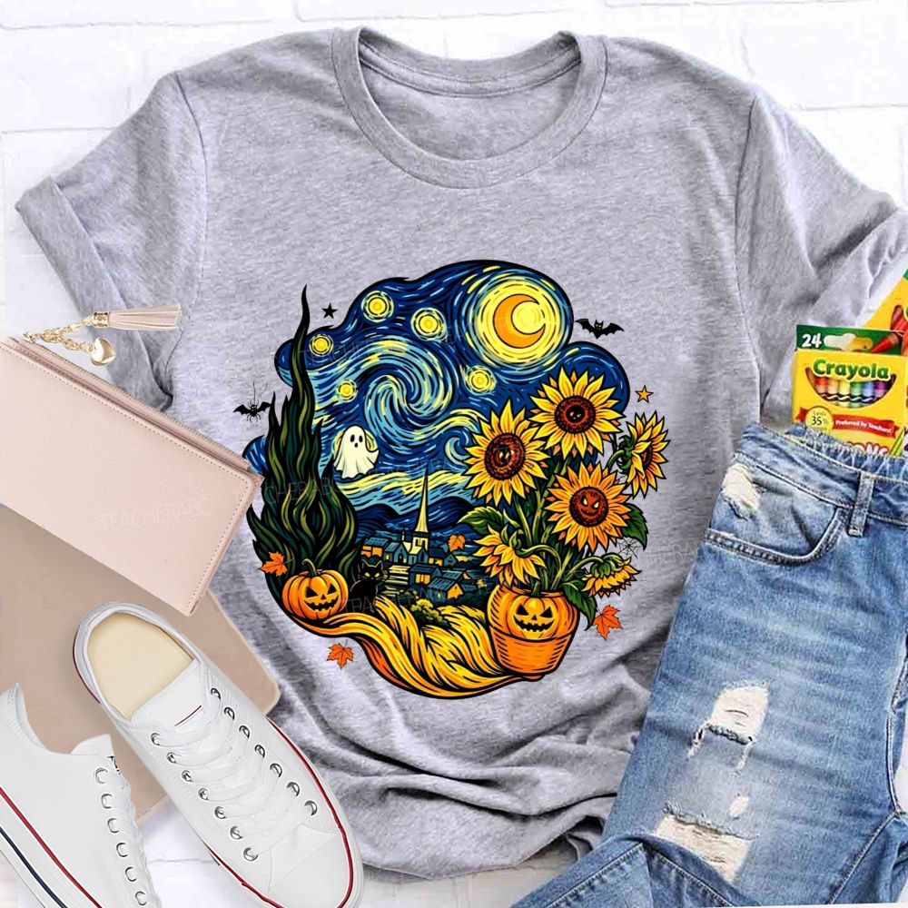 Halloween Starry Night Art Ghost Black Cat Pumpkin Sunflower Art Teacher T-shirt
