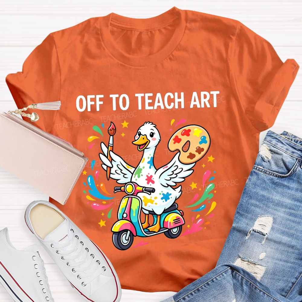 Off To Teach Art Cute Paint Splatter Duck On Scooter Art Teacher T-shirt
