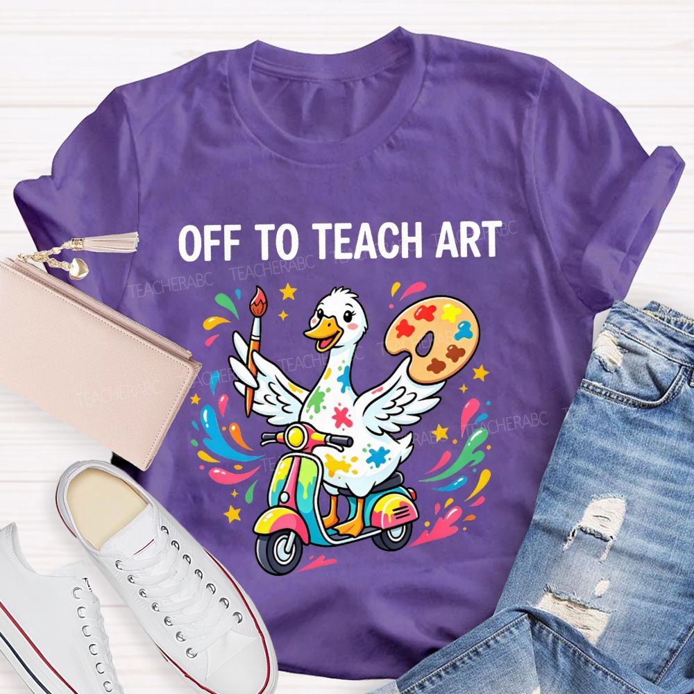 Off To Teach Art Cute Paint Splatter Duck On Scooter Art Teacher T-shirt