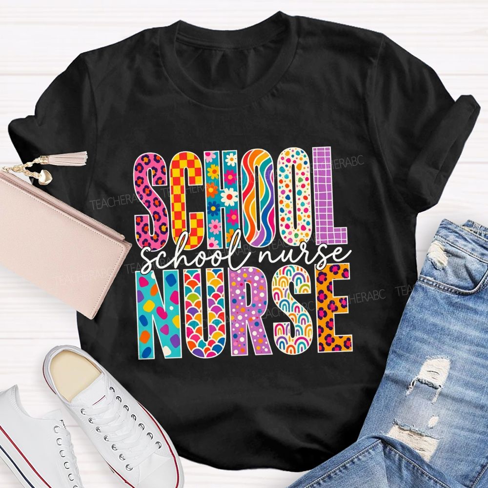 School Nurse Colorful Leopard Checkered Rainbow Graphic T-shirt