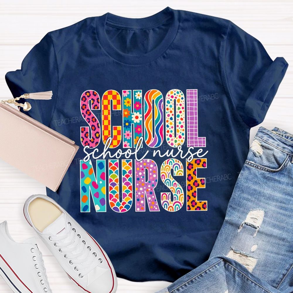School Nurse Colorful Leopard Checkered Rainbow Graphic T-shirt