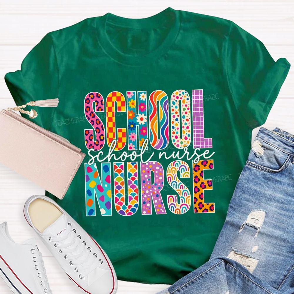 School Nurse Colorful Leopard Checkered Rainbow Graphic T-shirt