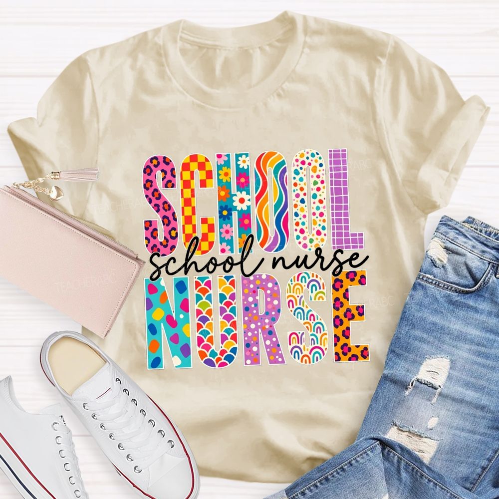 School Nurse Colorful Leopard Checkered Rainbow Graphic T-shirt