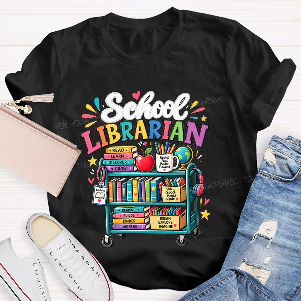 School Librarian Read Learn Discover Grow Reading Builds Worlds Kinder Worlds T-shirt