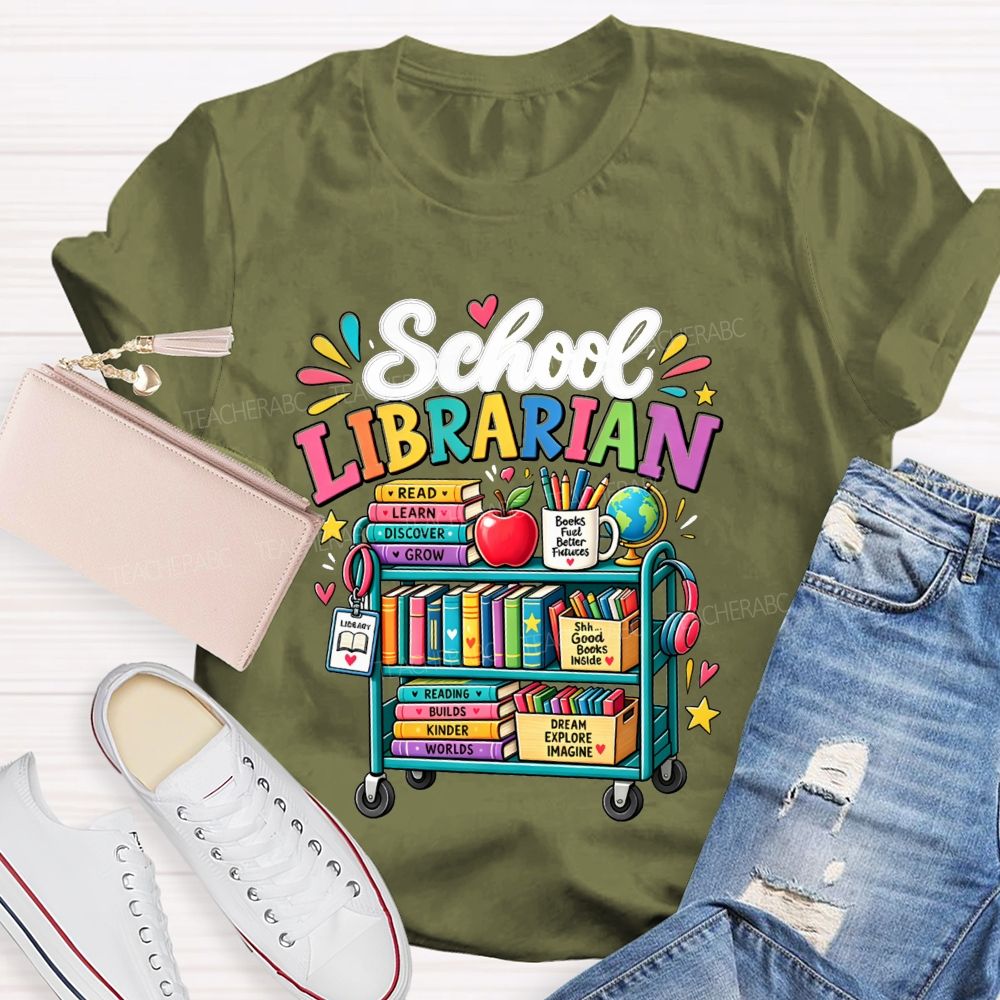 School Librarian Read Learn Discover Grow Reading Builds Worlds Kinder Worlds T-shirt