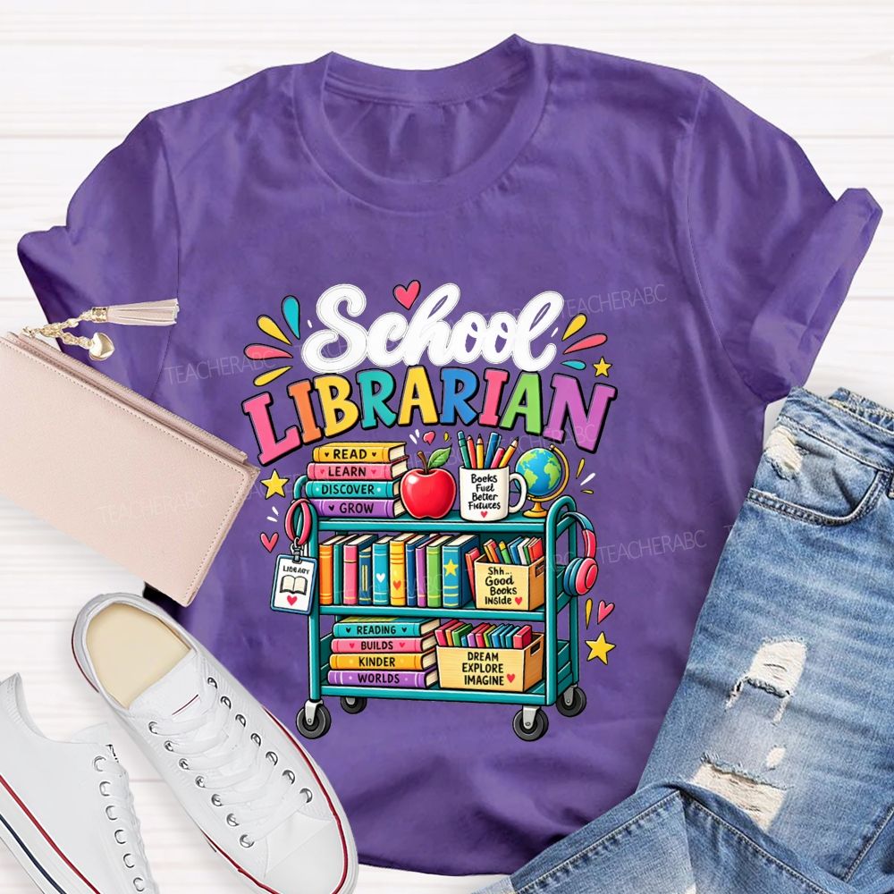 School Librarian Read Learn Discover Grow Reading Builds Worlds Kinder Worlds T-shirt