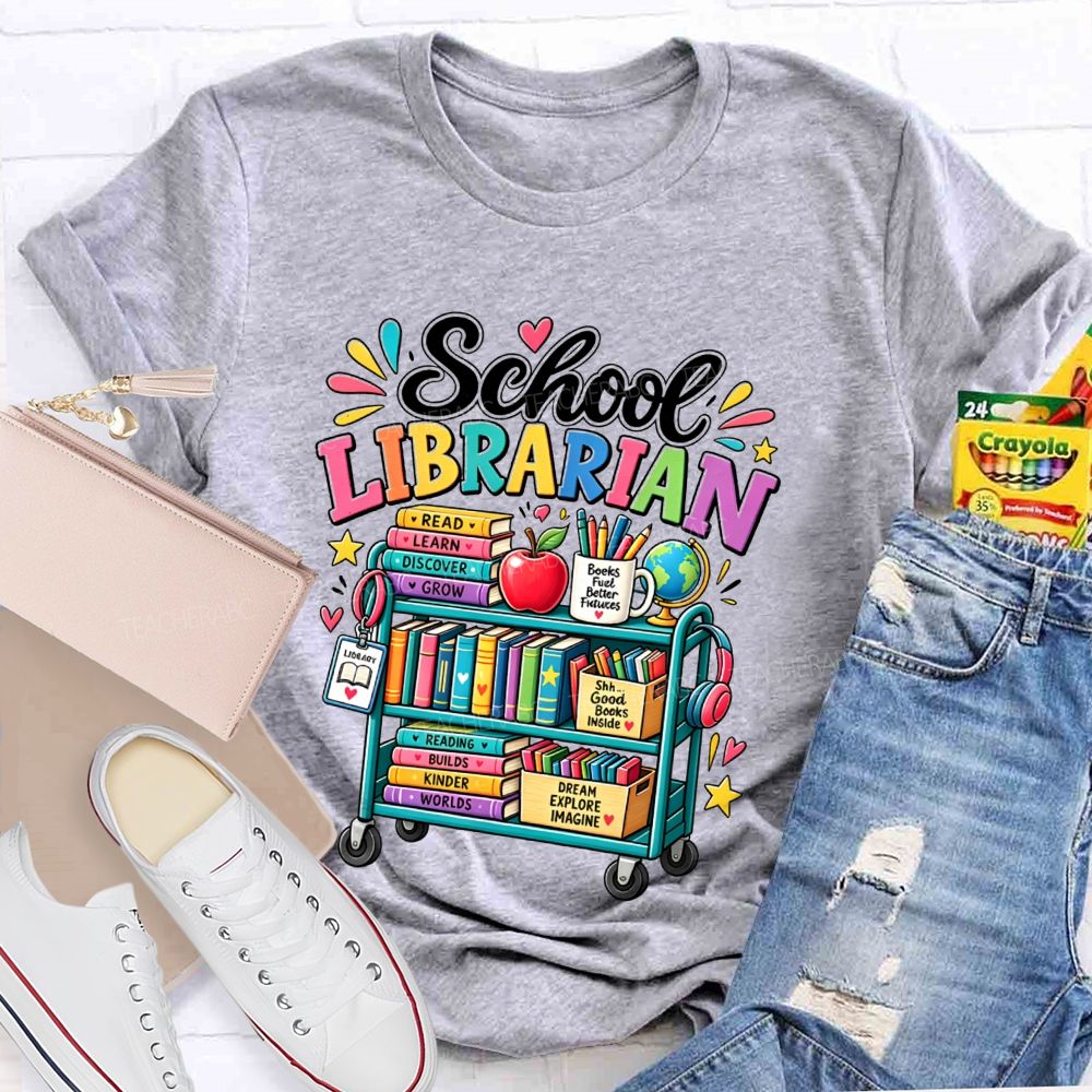 School Librarian Read Learn Discover Grow Reading Builds Worlds Kinder Worlds T-shirt
