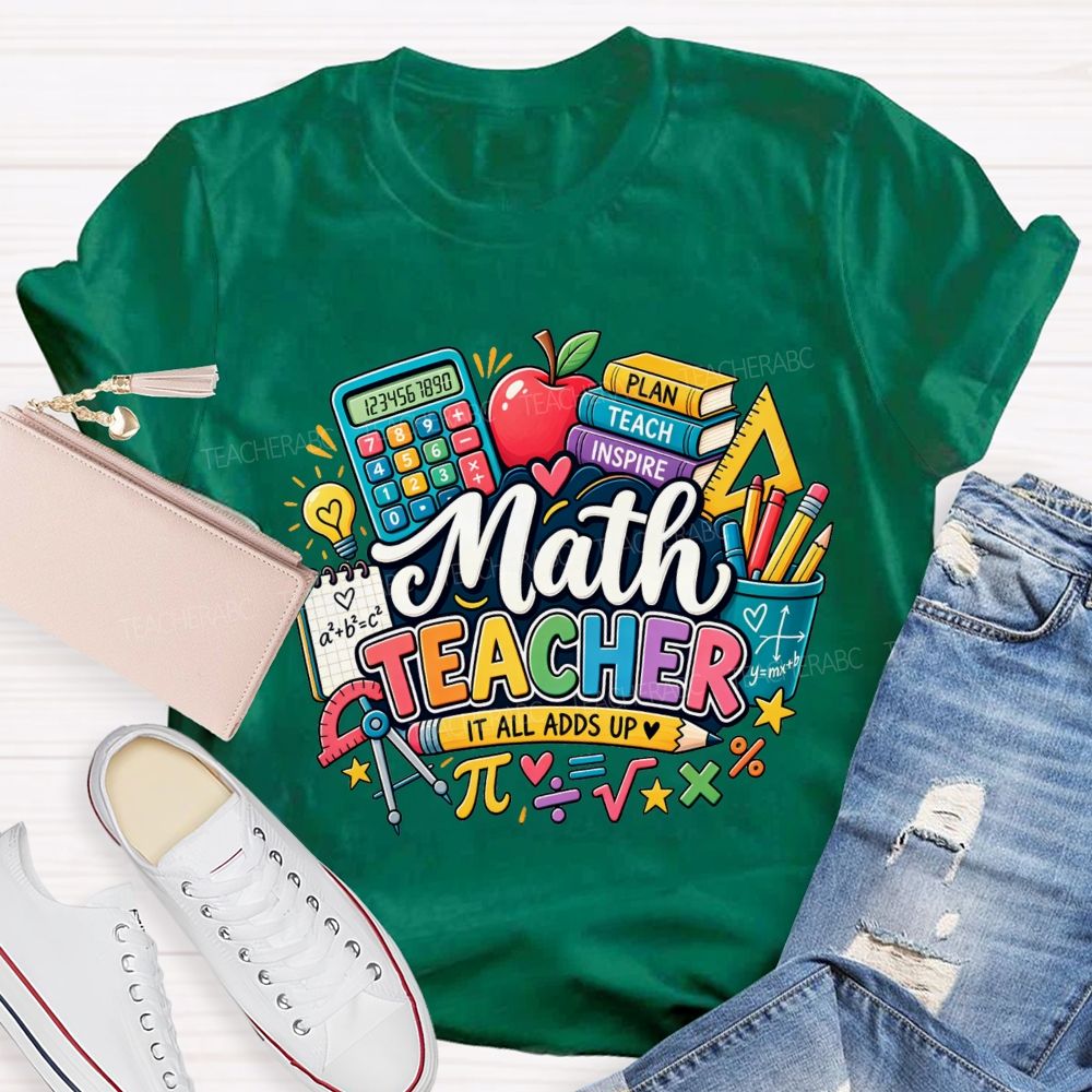 Math Teacher It All Adds Up Calculator Book Pi Math Symbol Teacher T-shirt