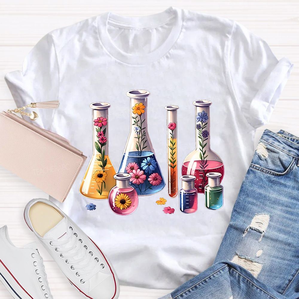 Floral Lab Beakers Test Tubes Wildflowers In Science Lab Glassware Teacher T-shirt