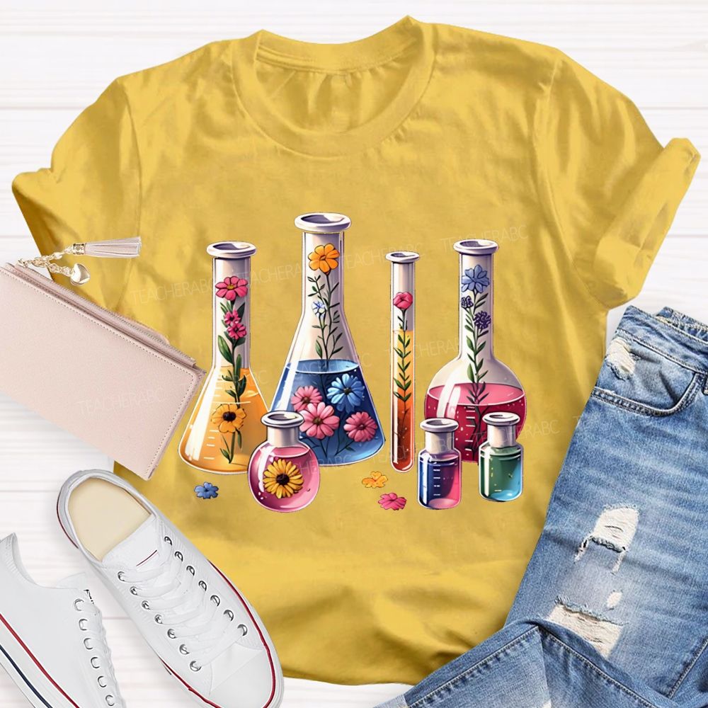 Floral Lab Beakers Test Tubes Wildflowers In Science Lab Glassware Teacher T-shirt