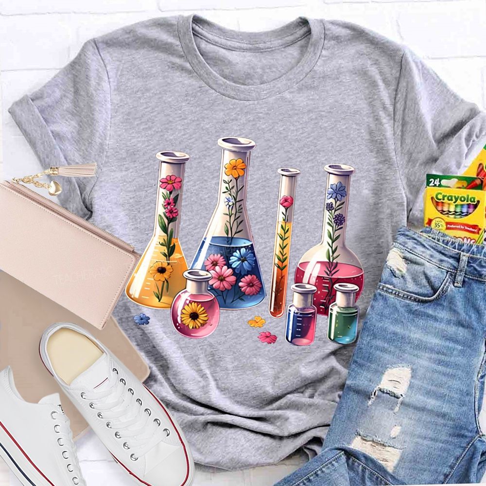 Floral Lab Beakers Test Tubes Wildflowers In Science Lab Glassware Teacher T-shirt