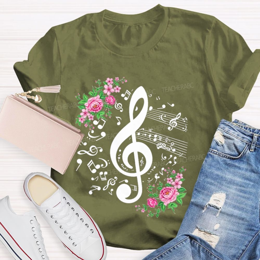 Floral Treble Clef Music Notes Music Teacher T-shirt