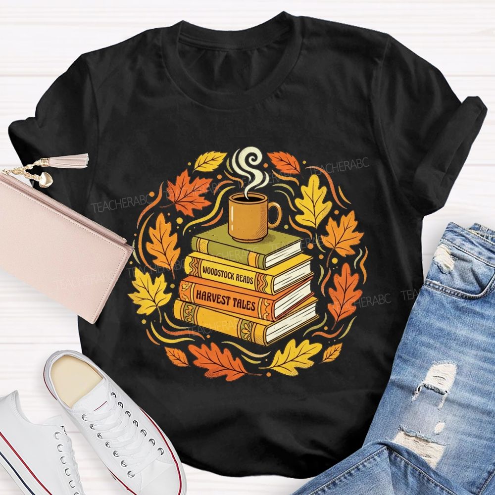 Coffee Books And Autumn Leaves Teacher T-shirt