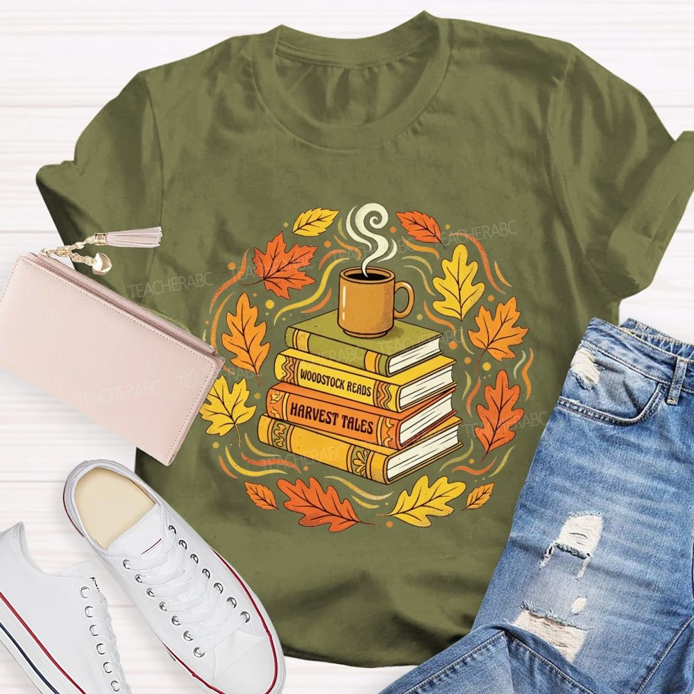 Coffee Books And Autumn Leaves Teacher T-shirt