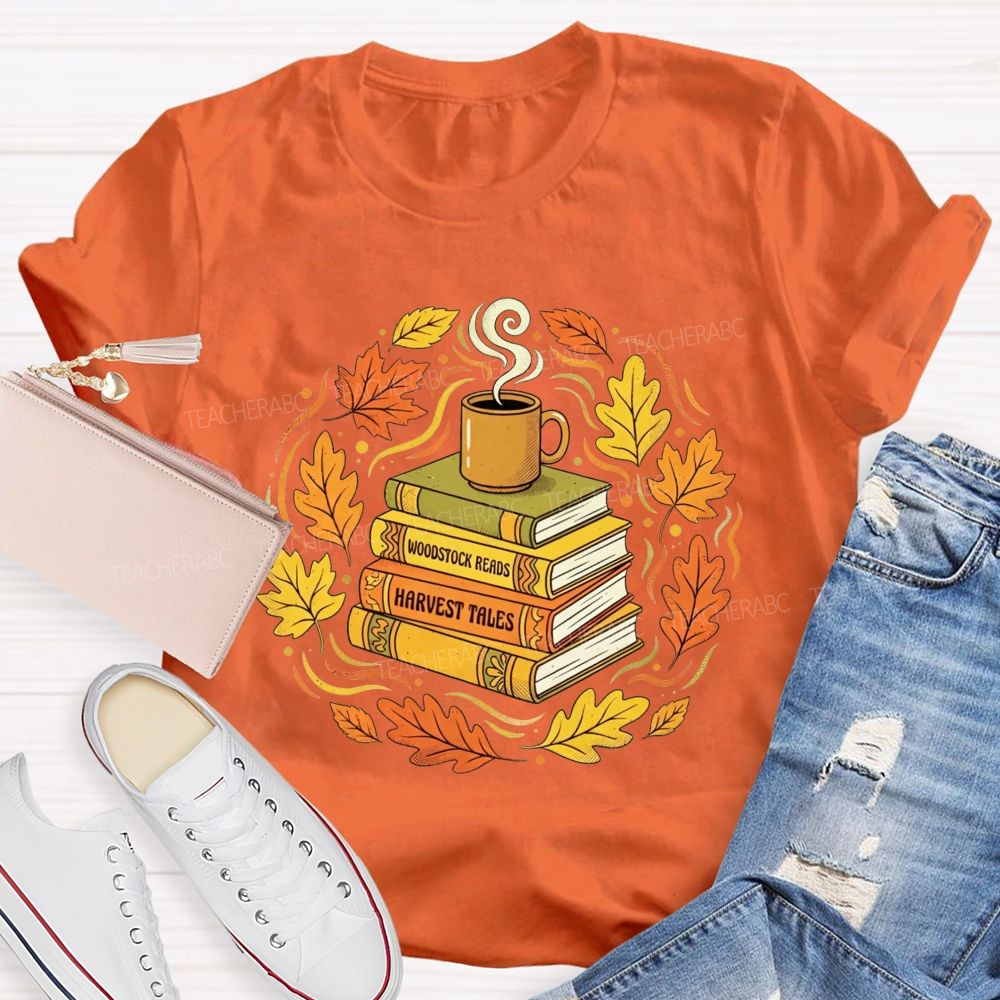 Coffee Books And Autumn Leaves Teacher T-shirt