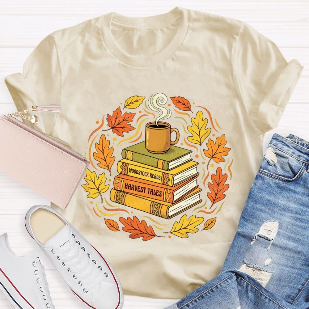 Coffee Books And Autumn Leaves Teacher T-shirt