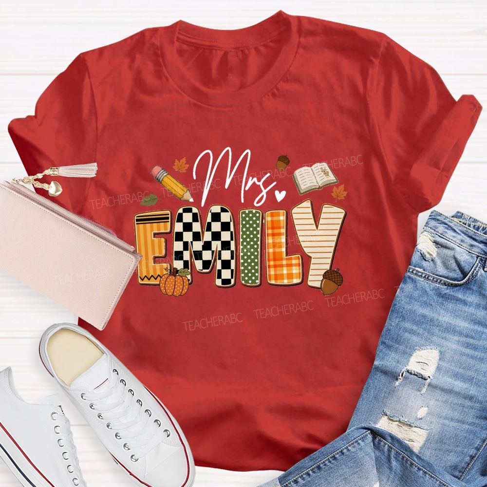 Personalized Name Fall Vibes Mrs Emily Checkered print Teacher T-shirt