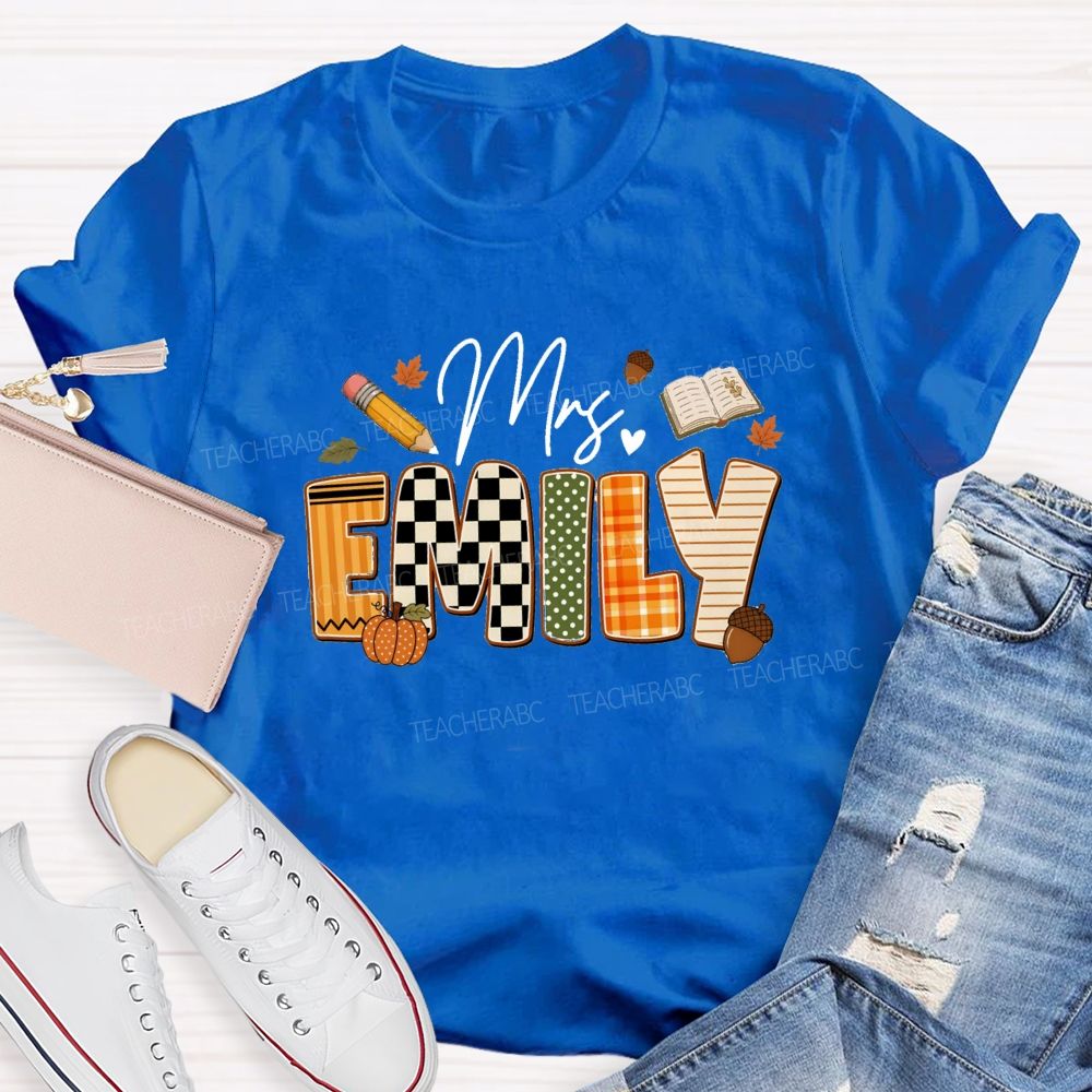 Personalized Name Fall Vibes Mrs Emily Checkered print Teacher T-shirt