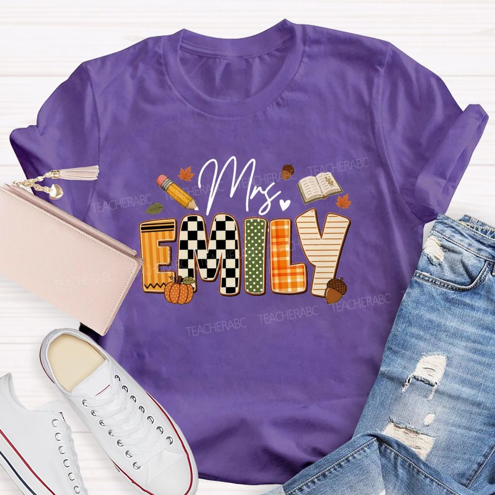 Personalized Name Fall Vibes Mrs Emily Checkered print Teacher T-shirt