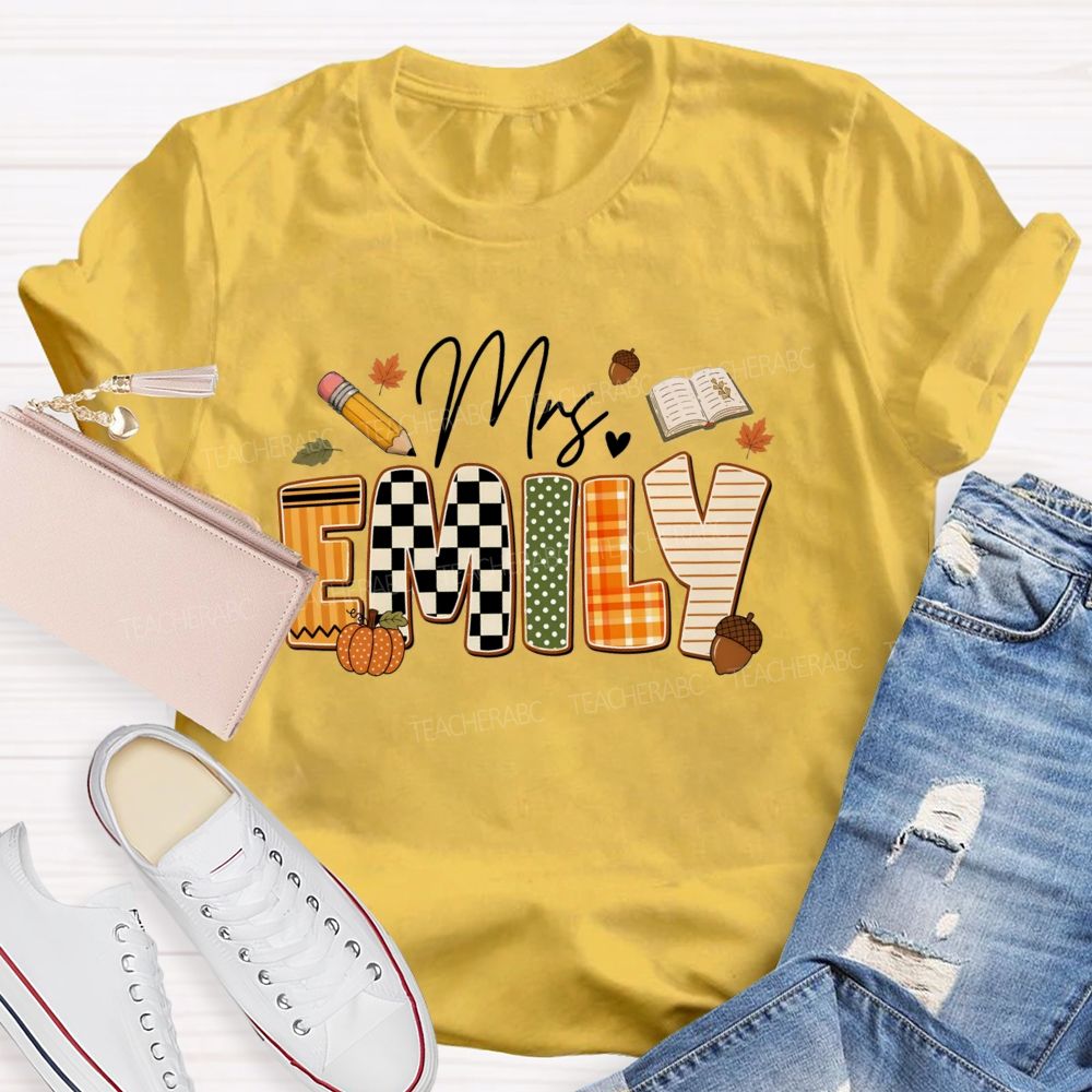 Personalized Name Fall Vibes Mrs Emily Checkered print Teacher T-shirt