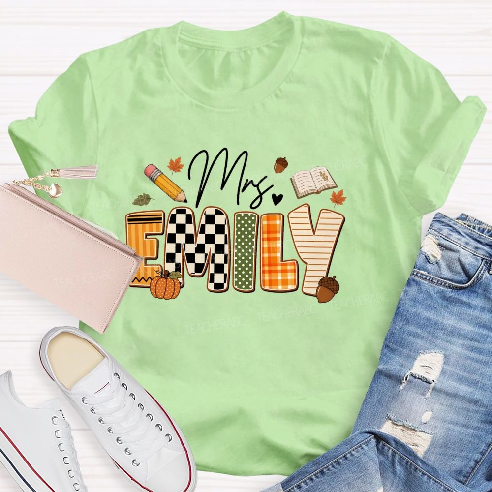 Personalized Name Fall Vibes Mrs Emily Checkered print Teacher T-shirt