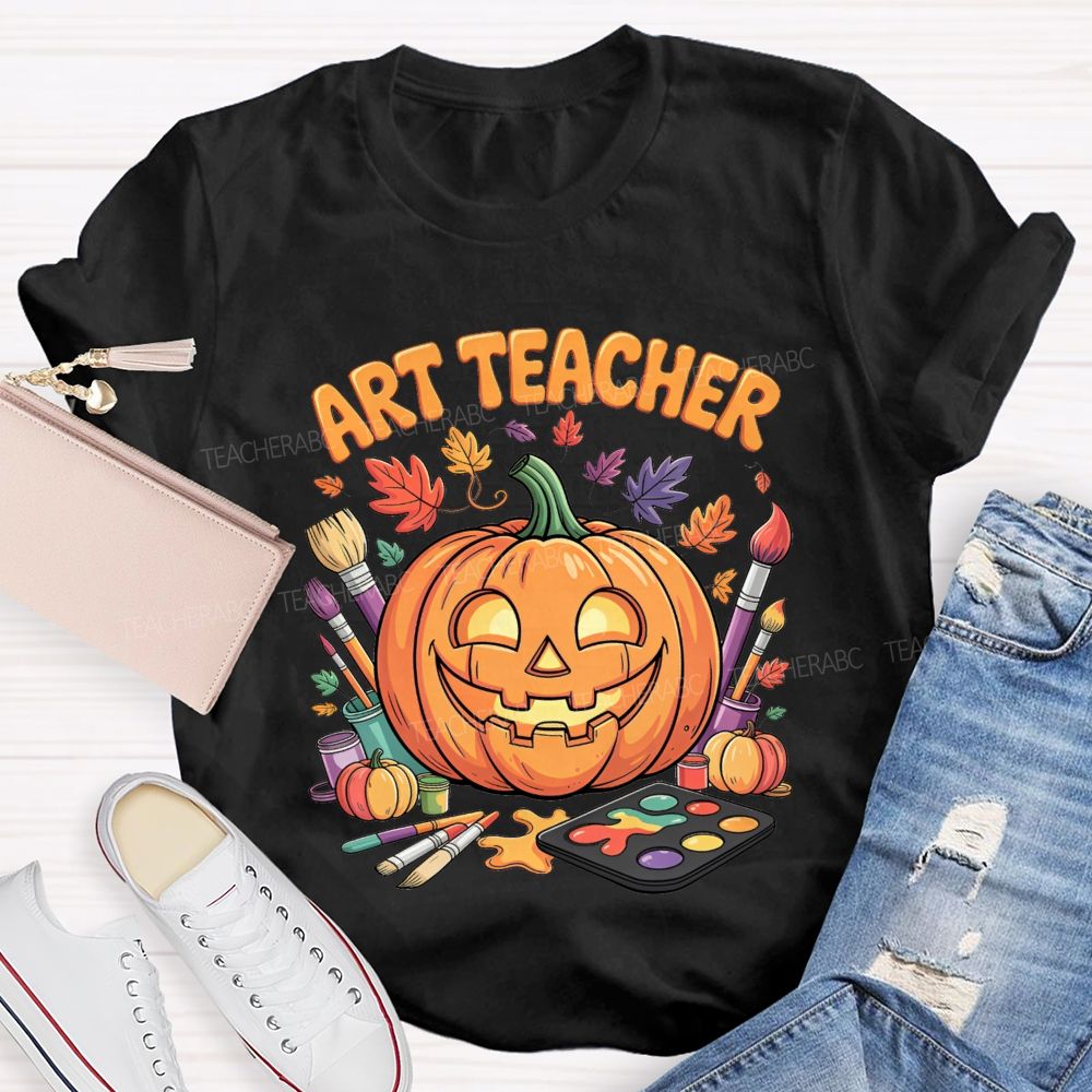 Art Teacher Halloween Pumpkin Paint Brushes Teacher T-shirt
