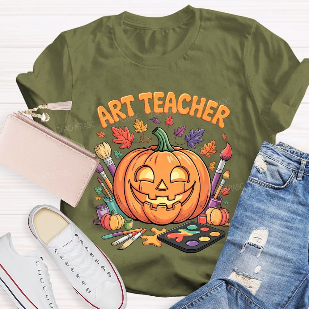 Art Teacher Halloween Pumpkin Paint Brushes Teacher T-shirt